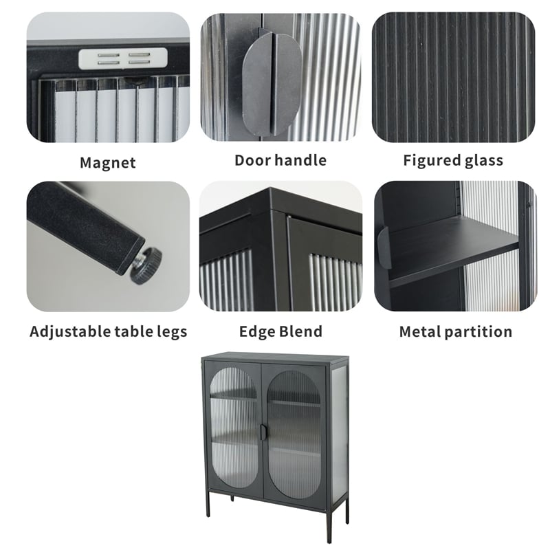 Short 2-Door 3 Shelf Steel Accent Cabinet with Fluted Glass-Black