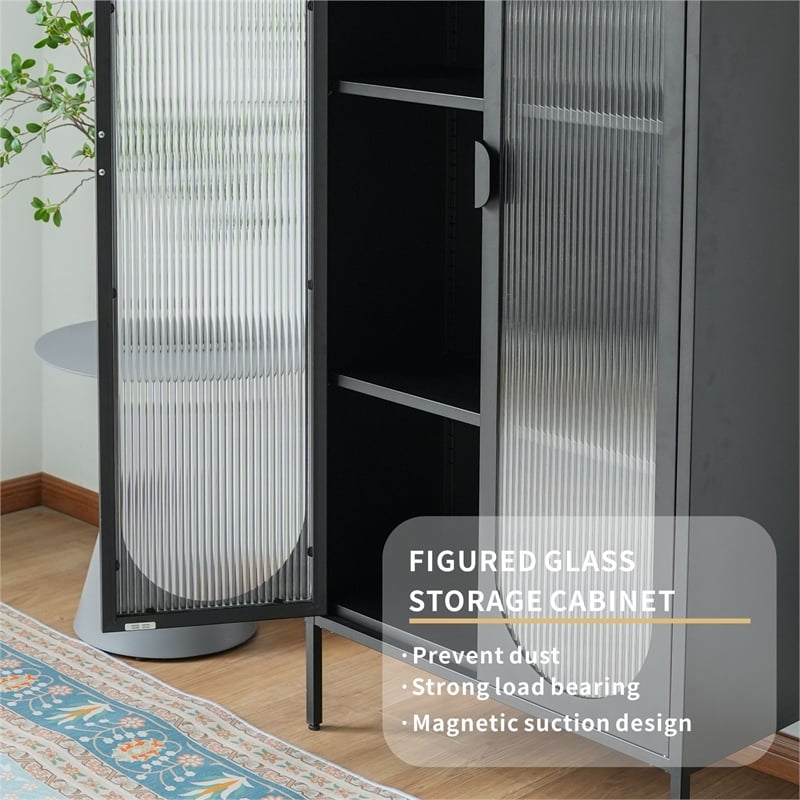Tall 2-Door 4 Shelf Steel Accent Cabinet with Fluted Glass-Black