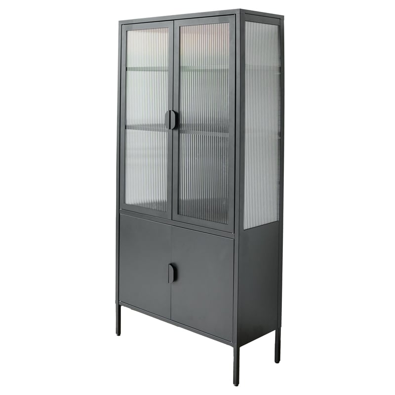 Tall 3-Shelf Steel Accent Cabinet with Fluted Glass and Upper & Lower Door-Black