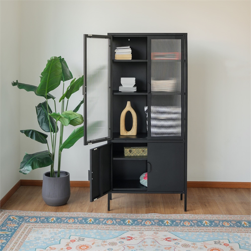 Tall 3-Shelf Steel Accent Cabinet with Fluted Glass and Upper & Lower Door-Black