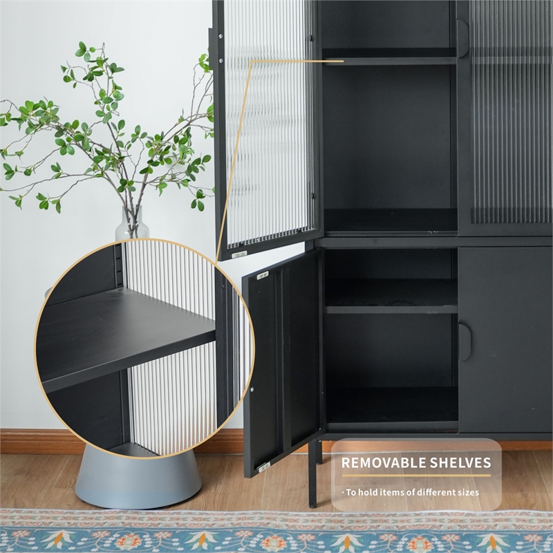 Tall 3-Shelf Steel Accent Cabinet with Fluted Glass and Upper & Lower Door-Black