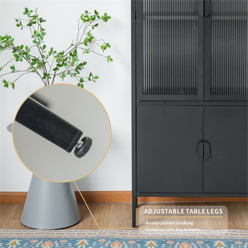 Tall 3-Shelf Steel Accent Cabinet with Fluted Glass and Upper & Lower Door-Black