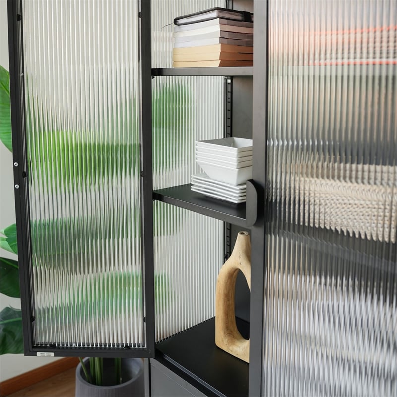 Tall 3-Shelf Steel Accent Cabinet with Fluted Glass and Upper & Lower Door-Black