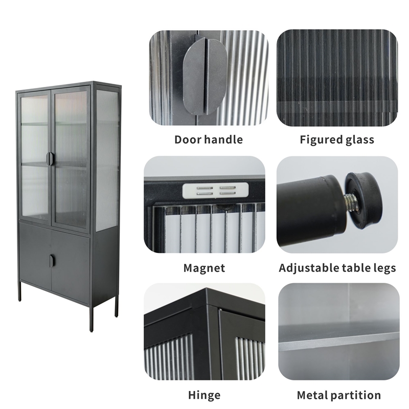 Tall 3-Shelf Steel Accent Cabinet with Fluted Glass and Upper & Lower Door-Black