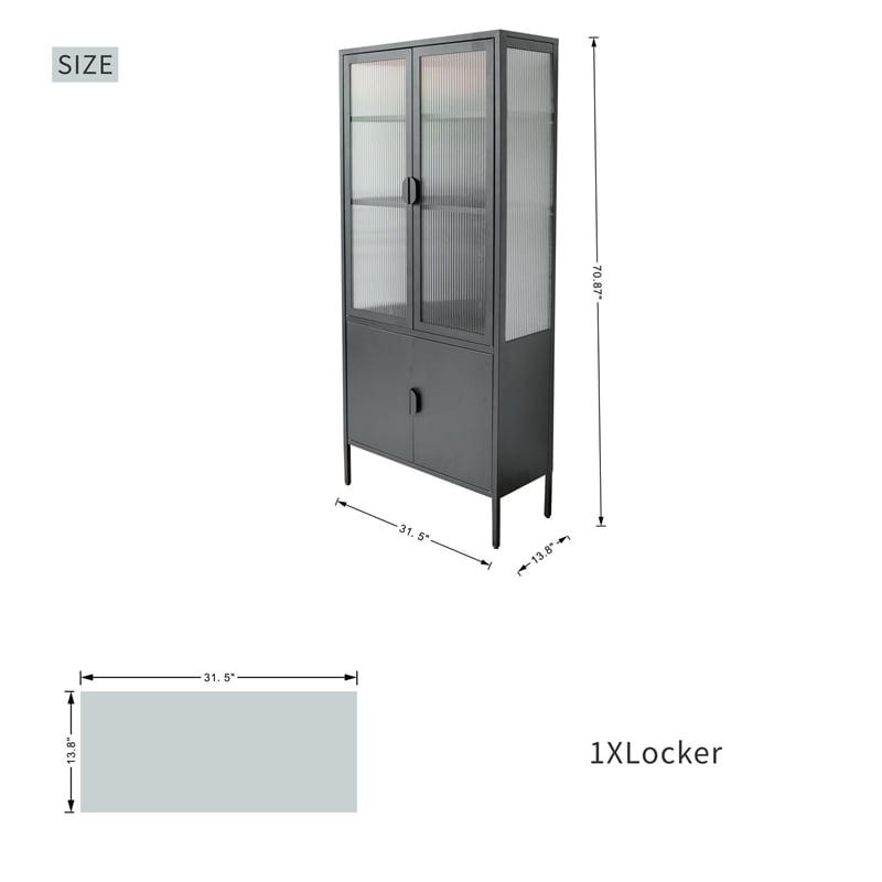 Tall 3-Shelf Steel Accent Cabinet with Fluted Glass and Upper & Lower Door-Black