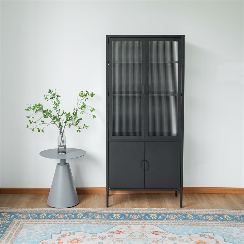Tall 3-Shelf Steel Accent Cabinet with Fluted Glass and Upper & Lower Door-Black