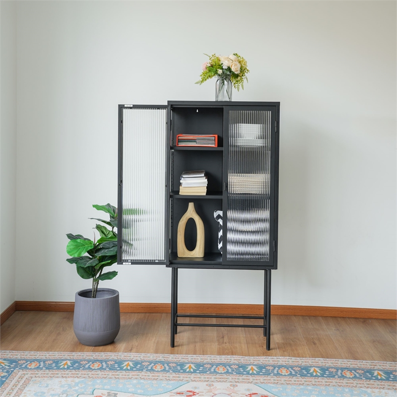 Tall 2-Door Square 3 Shelf Steel Accent Cabinet with Fluted Glass-Black