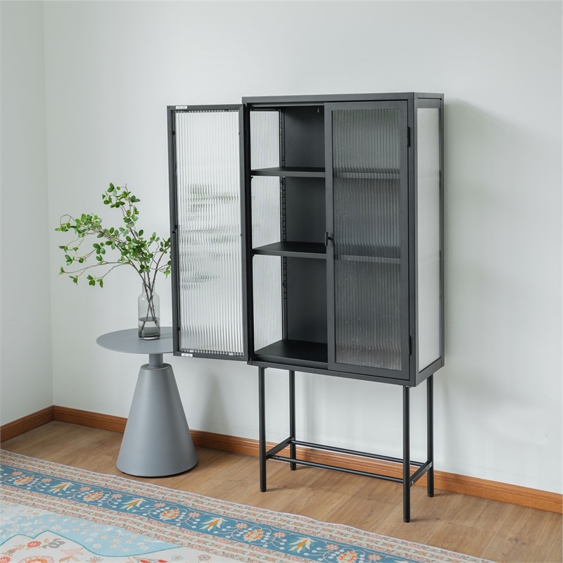 Tall 2-Door Square 3 Shelf Steel Accent Cabinet with Fluted Glass-Black