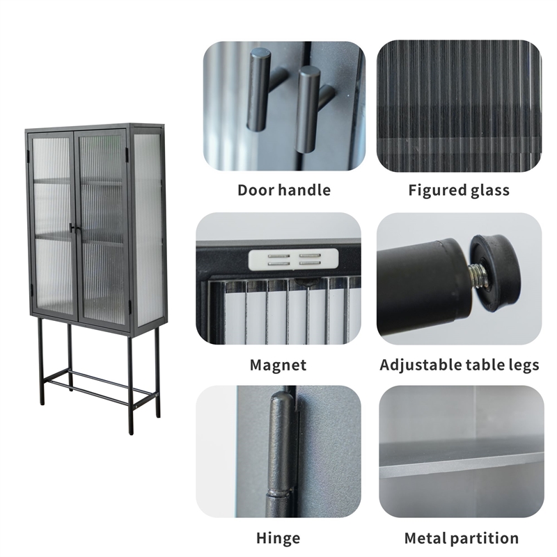 Tall 2-Door Square 3 Shelf Steel Accent Cabinet with Fluted Glass-Black