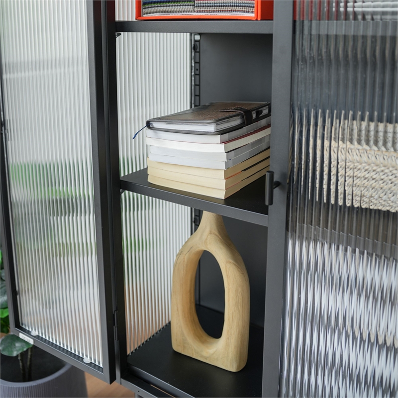 Tall 2-Door Square 3 Shelf Steel Accent Cabinet with Fluted Glass-Black