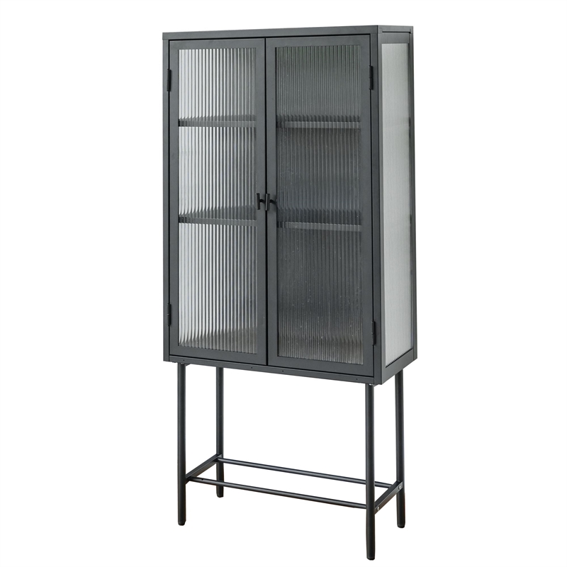 Tall 2-Door Square 3 Shelf Steel Accent Cabinet with Fluted Glass-Black
