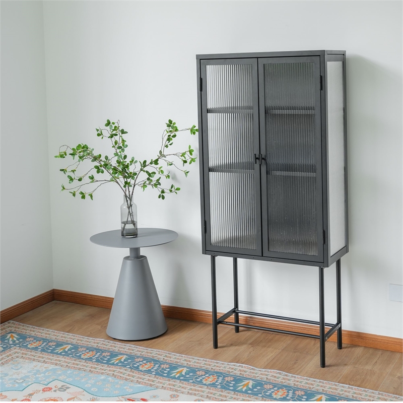 Tall 2-Door Square 3 Shelf Steel Accent Cabinet with Fluted Glass-Black