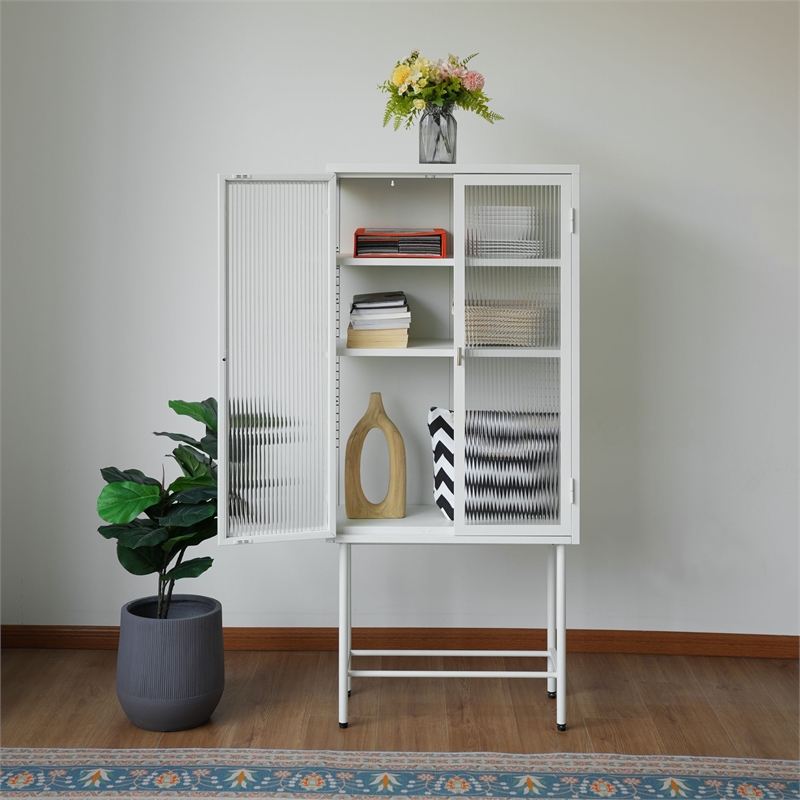 Tall 2-Door Square 3 Shelf Steel Accent Cabinet with Fluted Glass-White