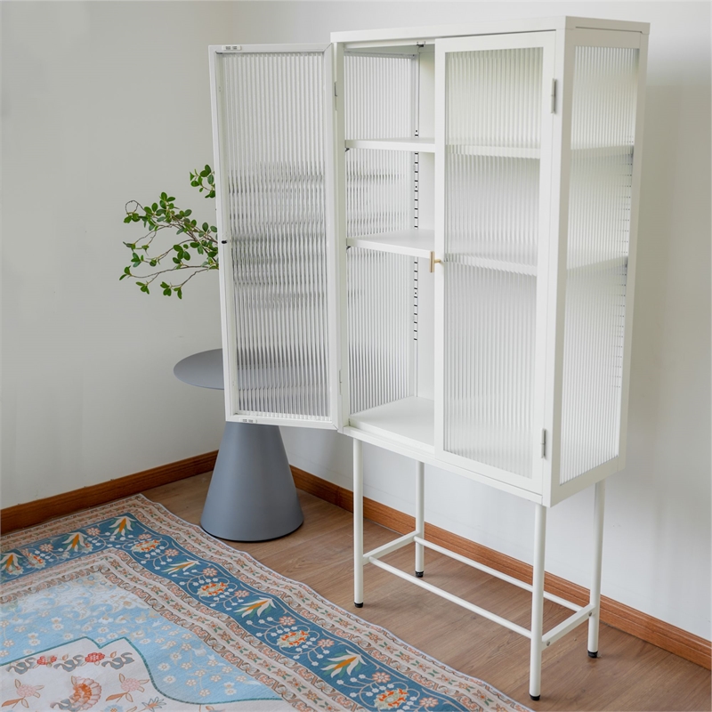 Tall 2-Door Square 3 Shelf Steel Accent Cabinet with Fluted Glass-White