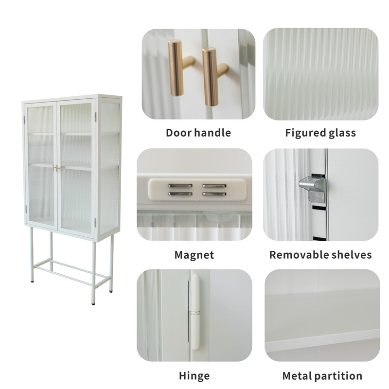 Tall 2-Door Square 3 Shelf Steel Accent Cabinet with Fluted Glass-White