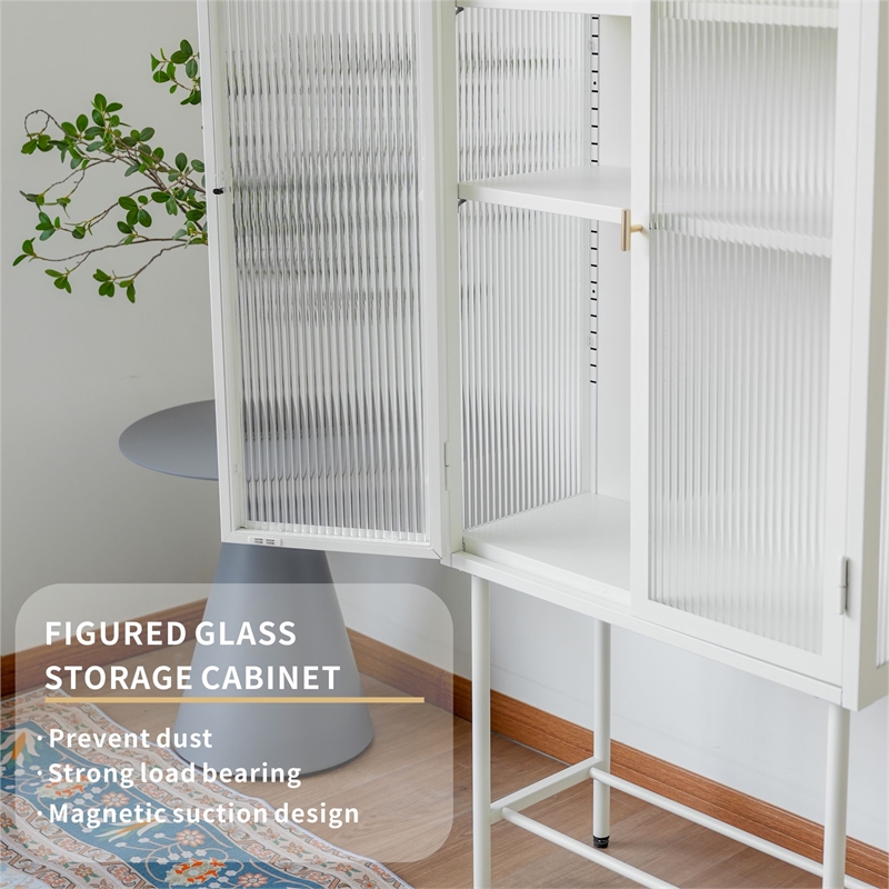 Tall 2-Door Square 3 Shelf Steel Accent Cabinet with Fluted Glass-White