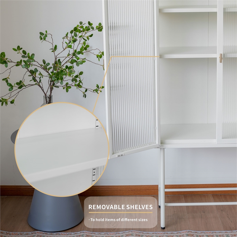 Tall 2-Door Square 3 Shelf Steel Accent Cabinet with Fluted Glass-White