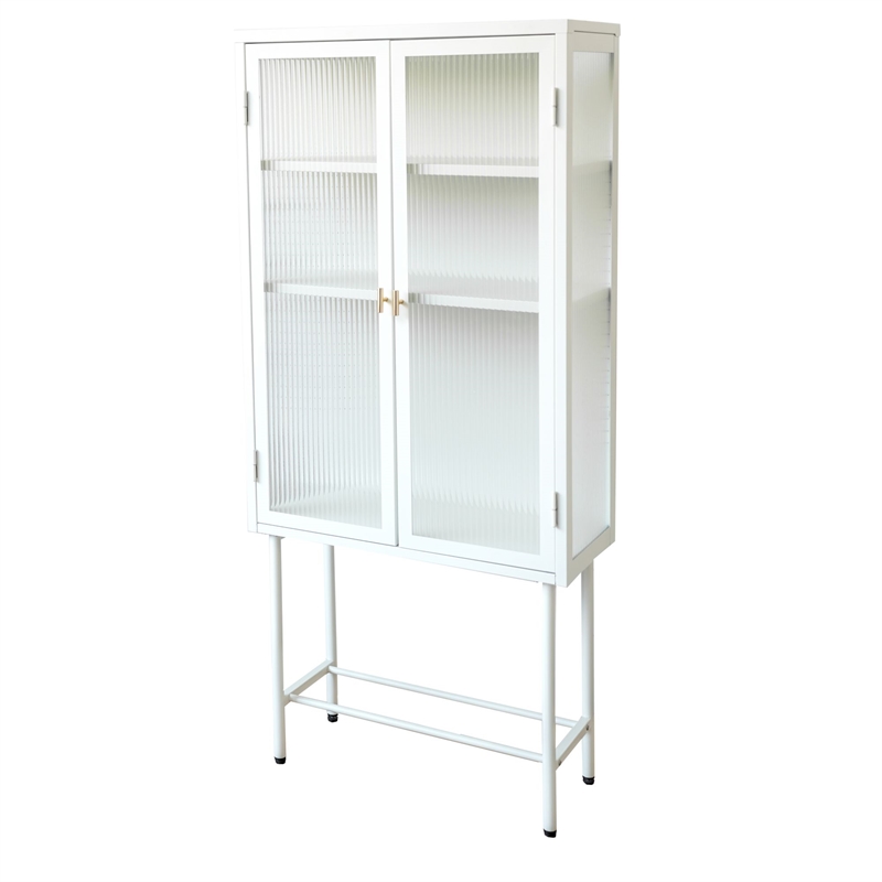 Tall 2-Door Square 3 Shelf Steel Accent Cabinet with Fluted Glass-White