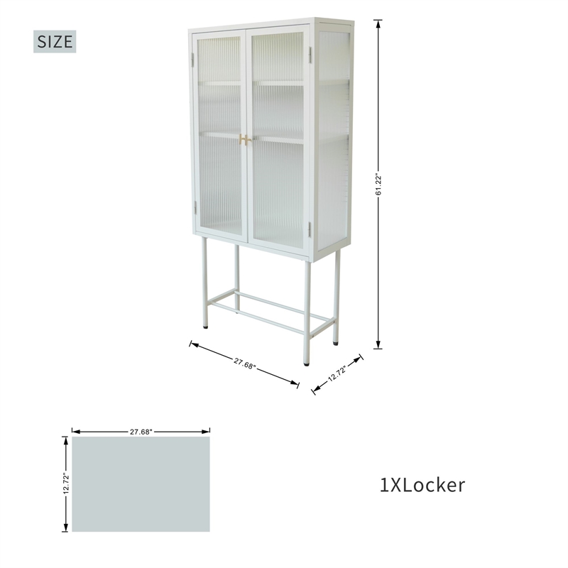 Tall 2-Door Square 3 Shelf Steel Accent Cabinet with Fluted Glass-White