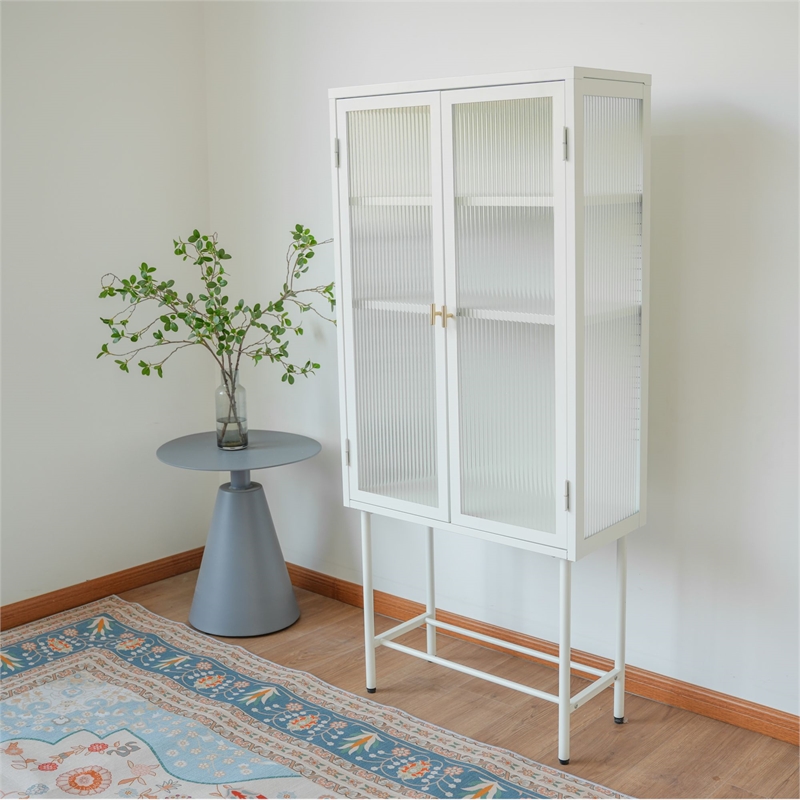 Tall 2-Door Square 3 Shelf Steel Accent Cabinet with Fluted Glass-White
