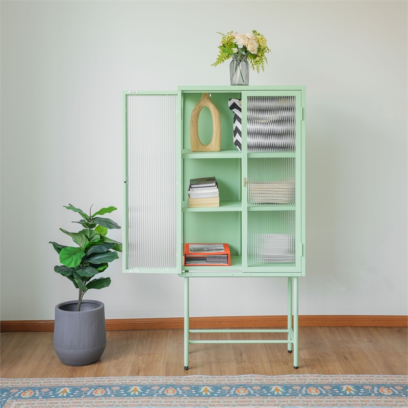 Tall 2-Door Square 3 Shelf Steel Accent Cabinet with Fluted Glass-Light Green