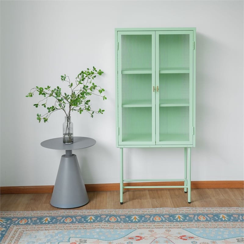 Tall 2-Door Square 3 Shelf Steel Accent Cabinet with Fluted Glass-Light Green