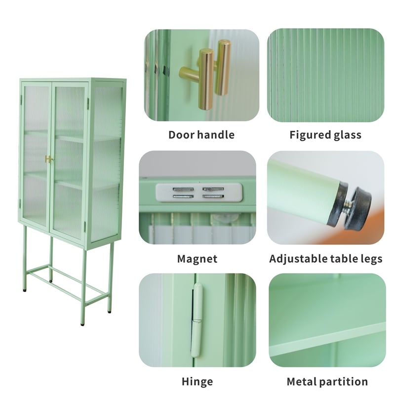 Tall 2-Door Square 3 Shelf Steel Accent Cabinet with Fluted Glass-Light Green