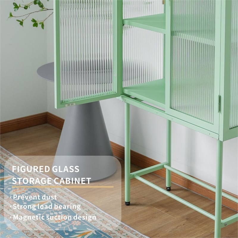 Tall 2-Door Square 3 Shelf Steel Accent Cabinet with Fluted Glass-Light Green