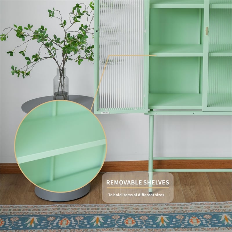 Tall 2-Door Square 3 Shelf Steel Accent Cabinet with Fluted Glass-Light Green