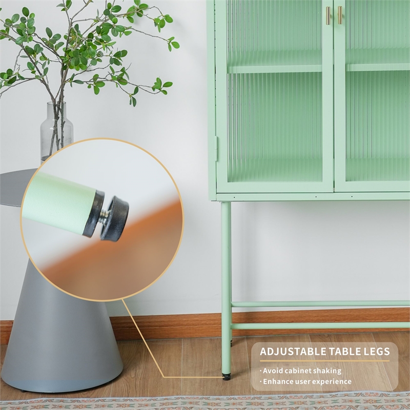 Tall 2-Door Square 3 Shelf Steel Accent Cabinet with Fluted Glass-Light Green