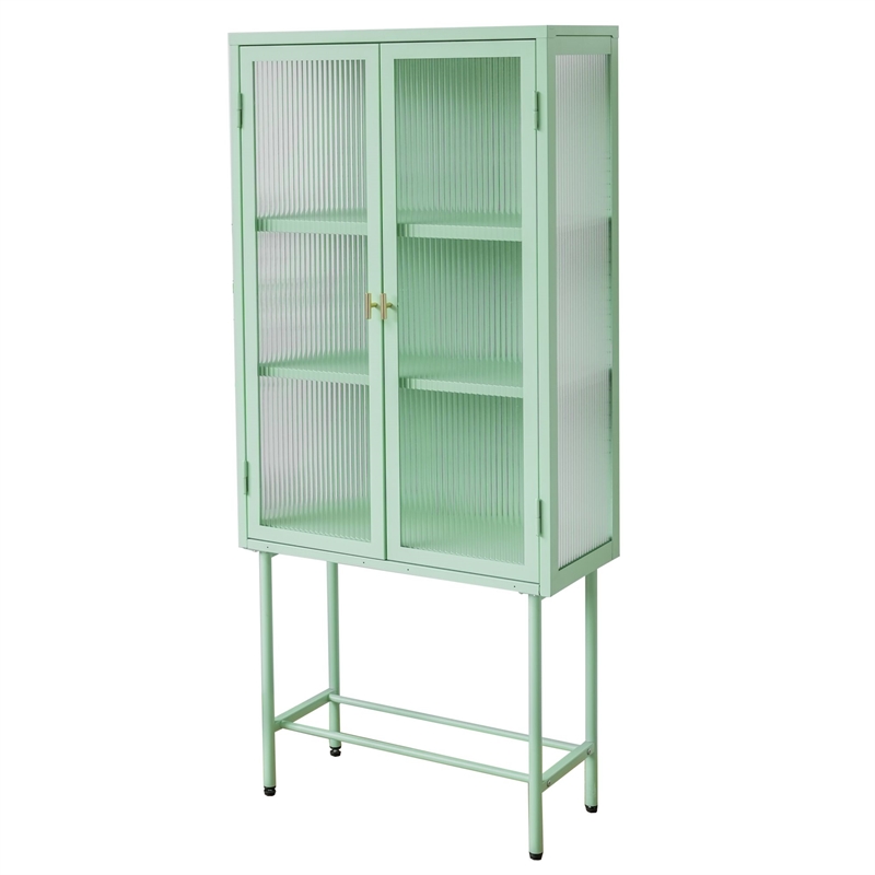 Tall 2-Door Square 3 Shelf Steel Accent Cabinet with Fluted Glass-Light Green