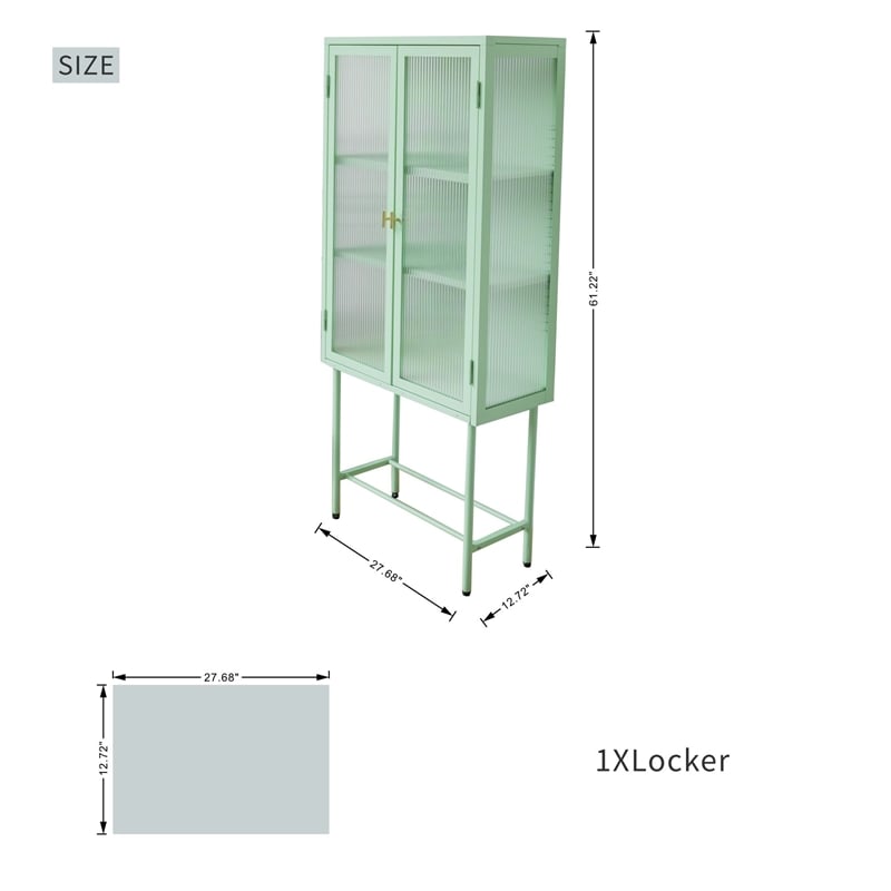 Tall 2-Door Square 3 Shelf Steel Accent Cabinet with Fluted Glass-Light Green