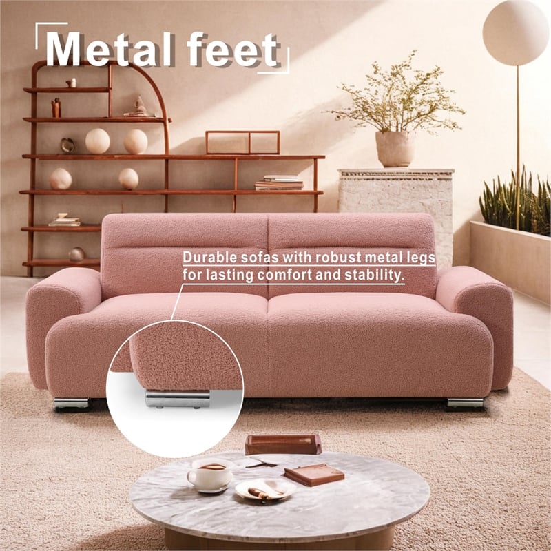 Pink Teddy Velvet Three-Seat Sofa with Armrests-Convertible to Reclining Bed