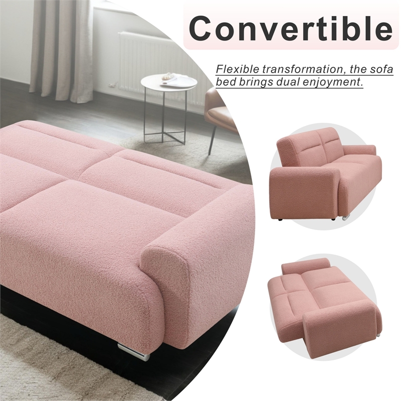 Pink Teddy Velvet Three-Seat Sofa with Armrests-Convertible to Reclining Bed