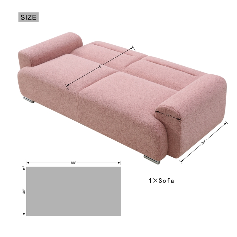 Pink Teddy Velvet Three-Seat Sofa with Armrests-Convertible to Reclining Bed