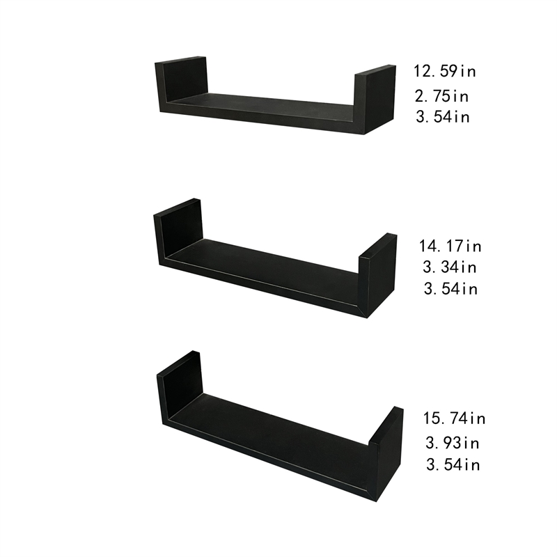 Direct Wicker 3-Piece Black Floating U-Shaped Wall Display Shelve for Home Decor
