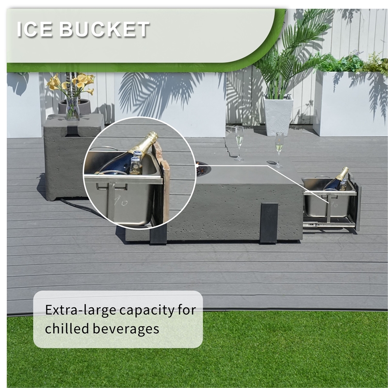 Elegant Gray Aluminum Fire Table with Built-In Ice Bucket & Gas Tank Side Table
