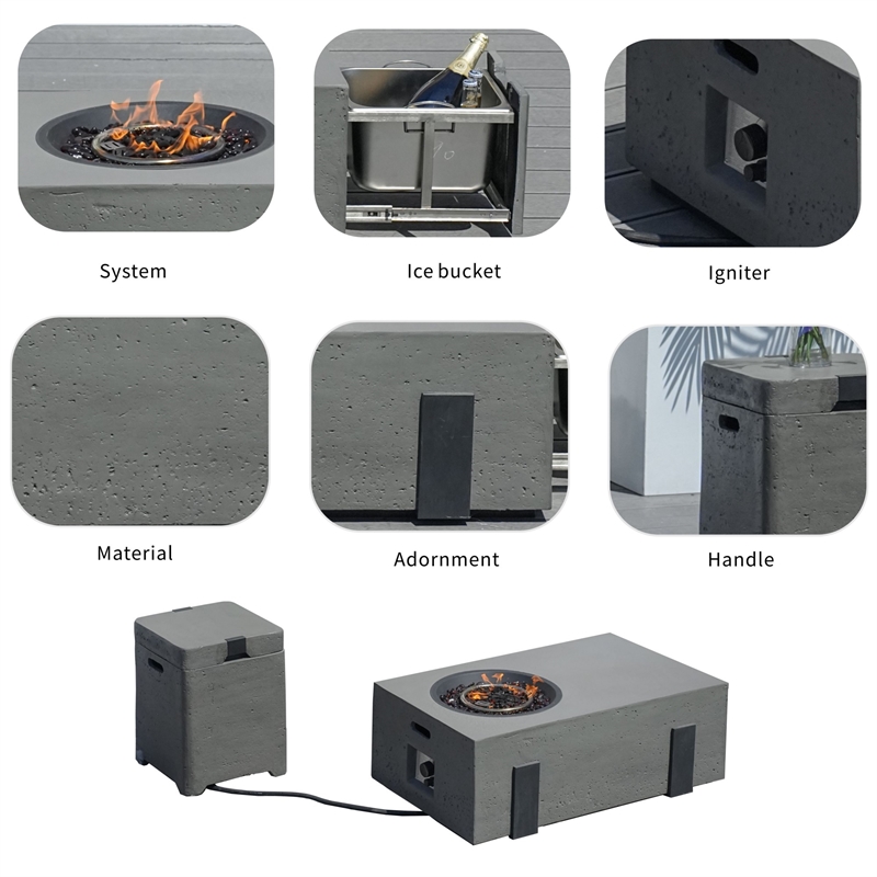 Elegant Gray Aluminum Fire Table with Built-In Ice Bucket & Gas Tank Side Table