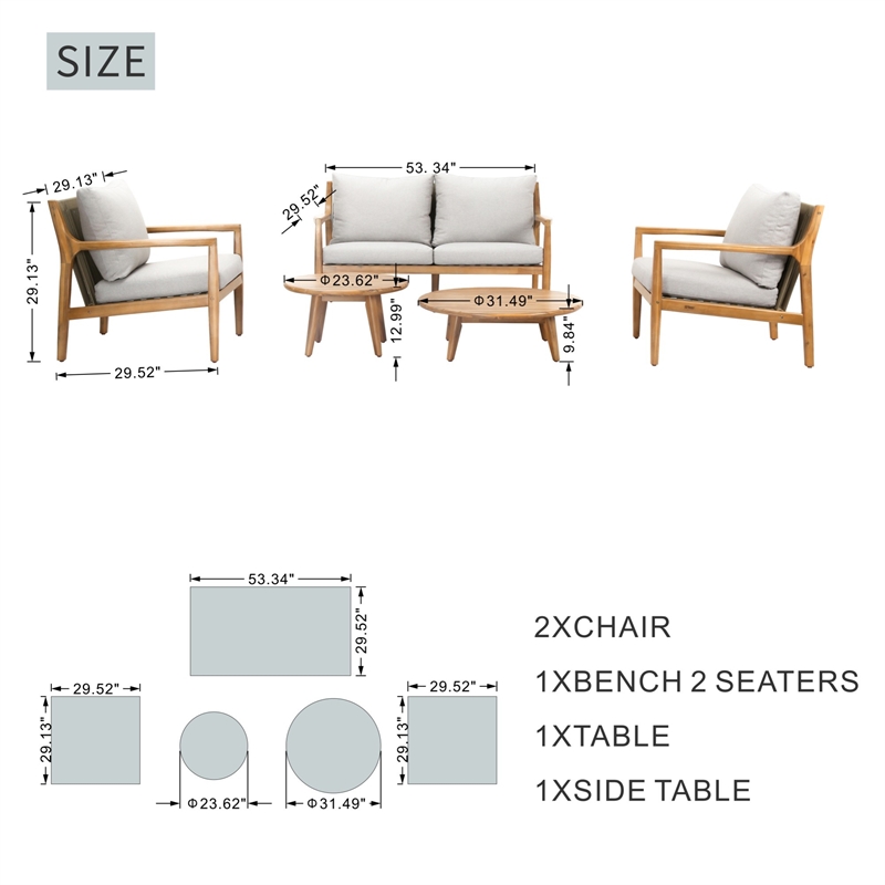 Direct Wicker 4 PCS Acacia  Patio Furniture Set with  Cushions and Coffee Table