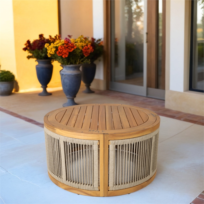 Direct Wicker Outdoor Round Coffee Table -Rope Woven design with Acacia Wood Top