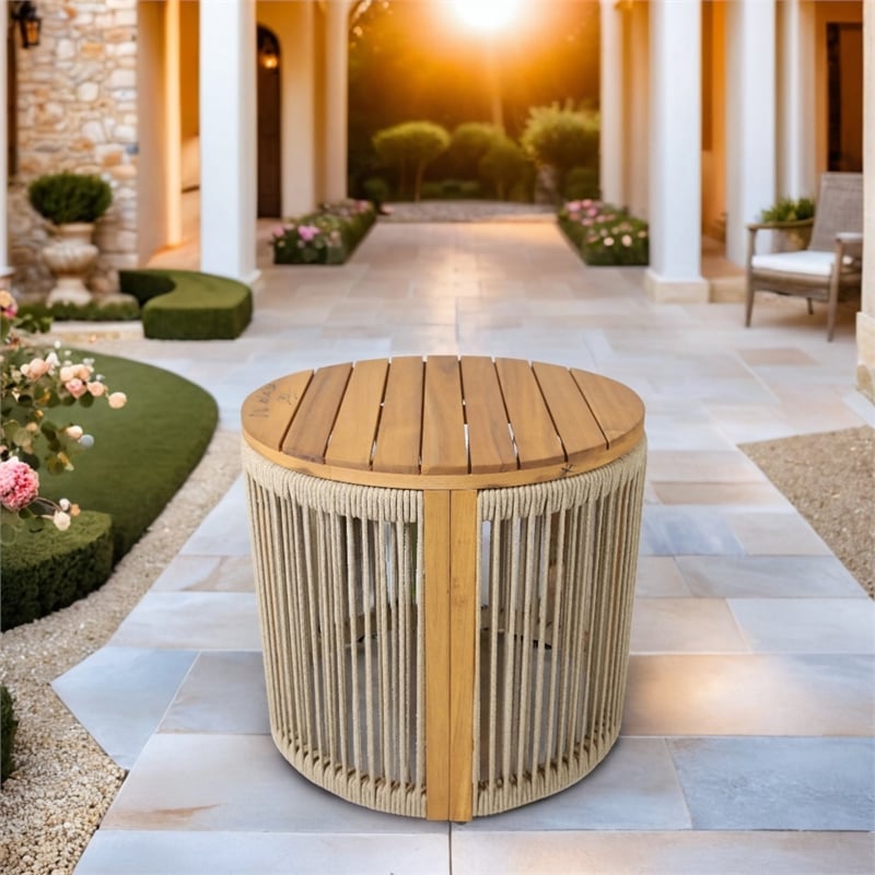 Direct Wicker Outdoor Round SideTable -Rope Woven design with Acacia Wood Top