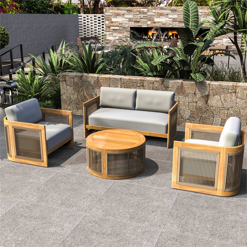 Direct Wicker 4-Piece Patio Conversation Set with Acacia Wood Frame & Cushions