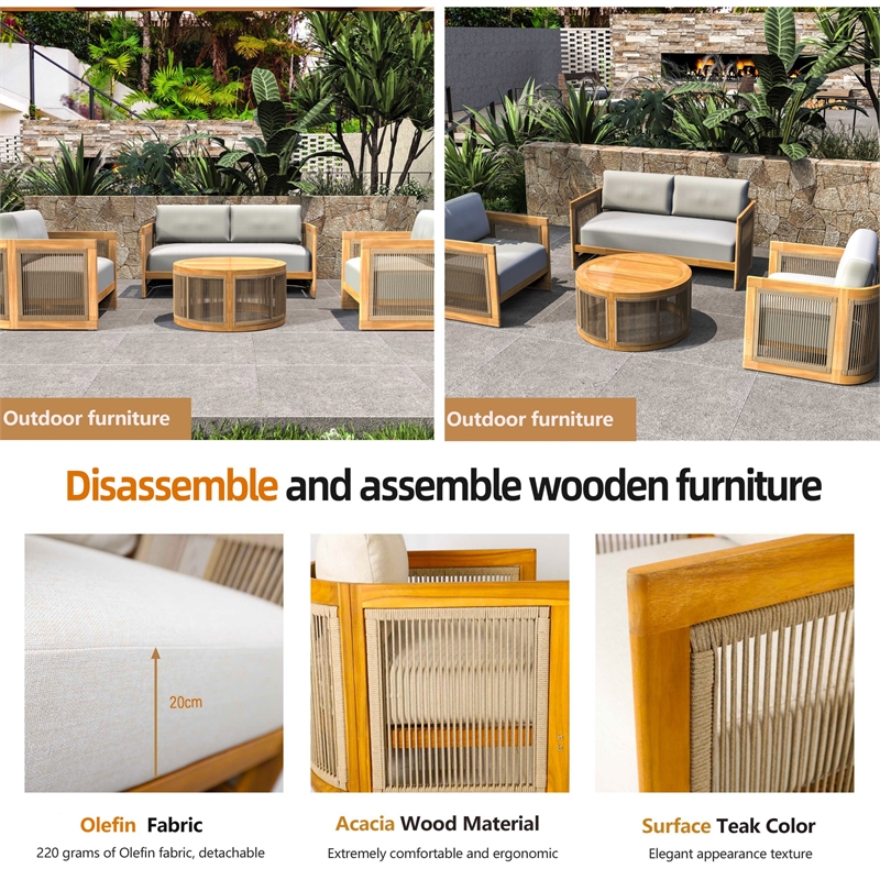 Direct Wicker 4-Piece Patio Conversation Set with Acacia Wood Frame & Cushions