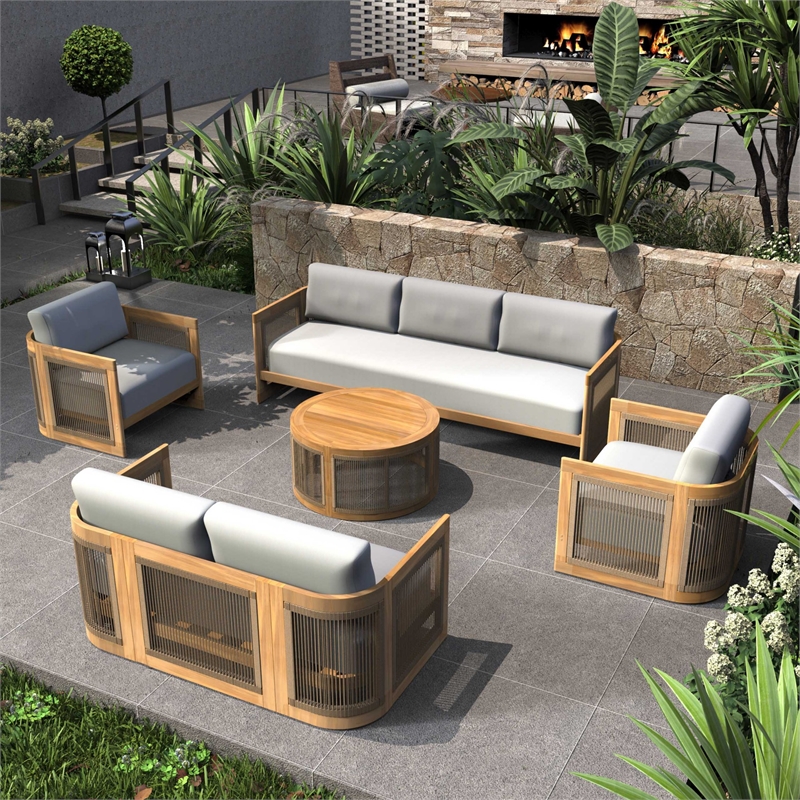 Direct Wicker 5-Piece Patio Conversation Set with Acacia Wood Frame & Cushions
