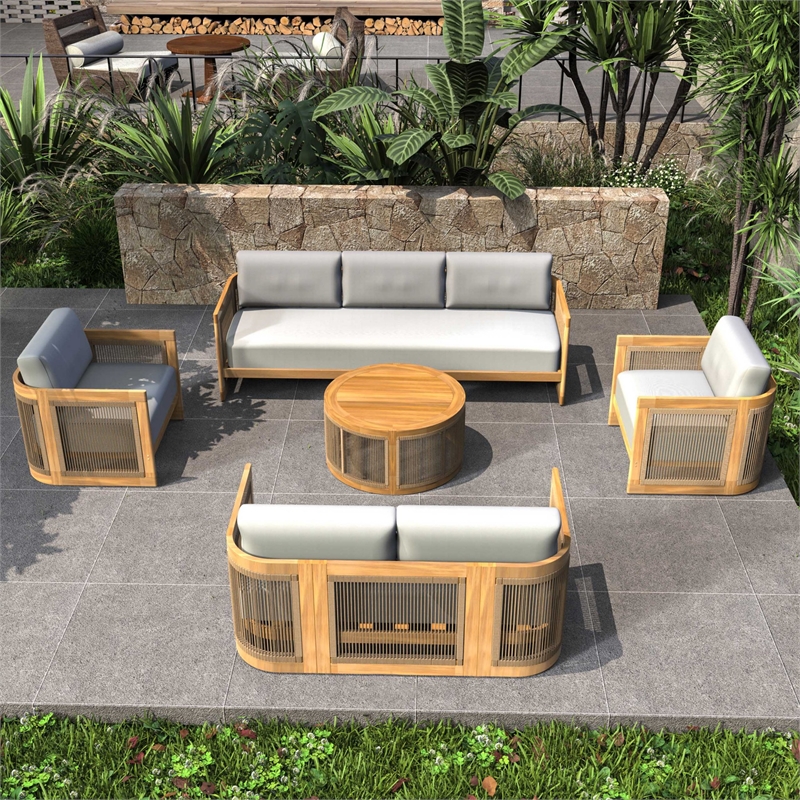 Direct Wicker 5-Piece Patio Conversation Set with Acacia Wood Frame & Cushions