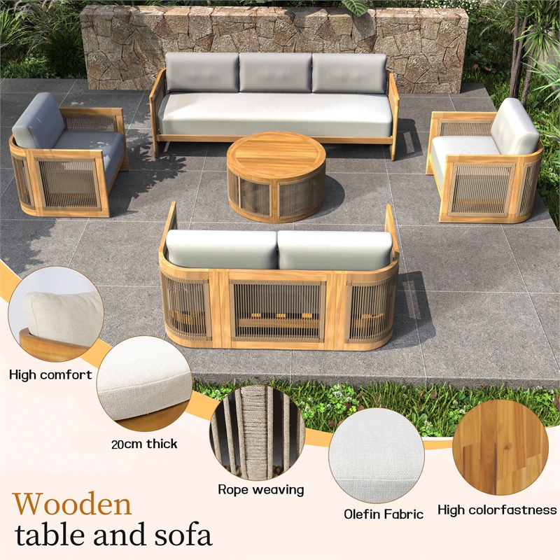 Direct Wicker 5-Piece Patio Conversation Set with Acacia Wood Frame & Cushions