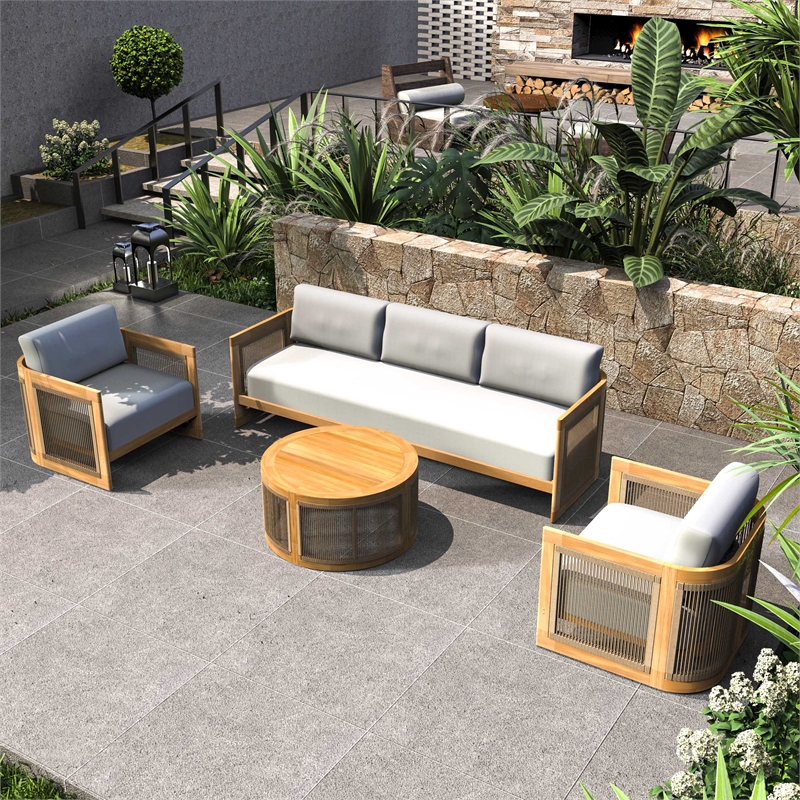 Direct Wicker 4 PCS Acacia Wood Outdoor Sofa Set with Beige Cushion&Coffee Table