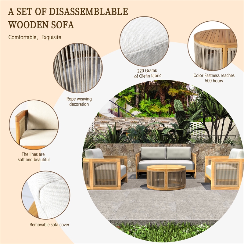 Direct Wicker 4 PCS Acacia Wood Outdoor Sofa Set with Beige Cushion&Coffee Table