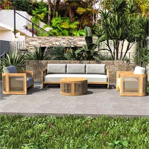 Direct Wicker 4 PCS Acacia Wood Outdoor Sofa Set with Beige Cushion&Coffee Table