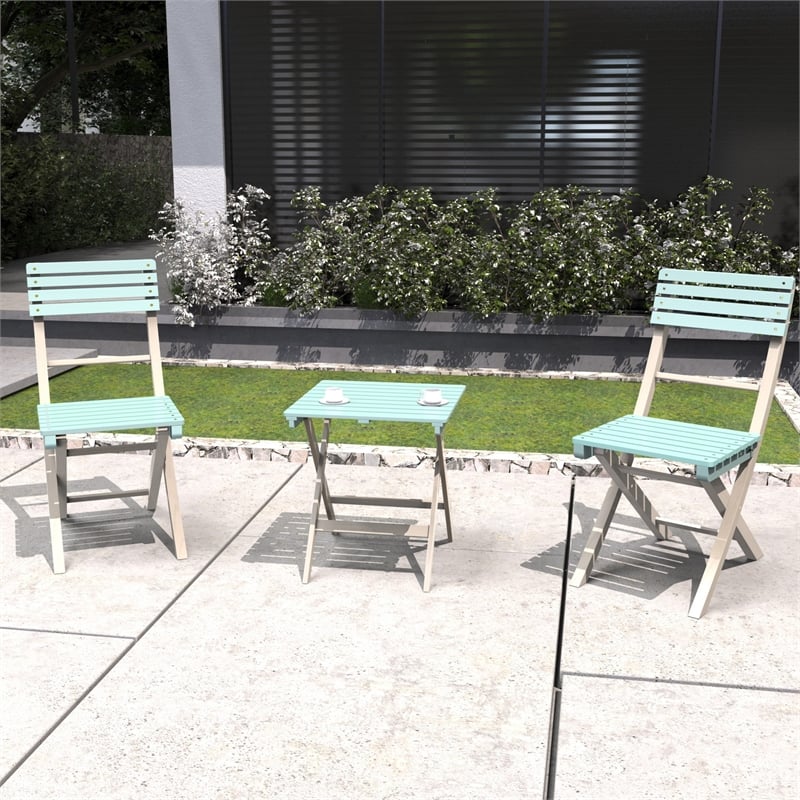 Direct Wicker Outdoor Folding Bistro Set with 2 Chairs and Coffee Table(Blue)